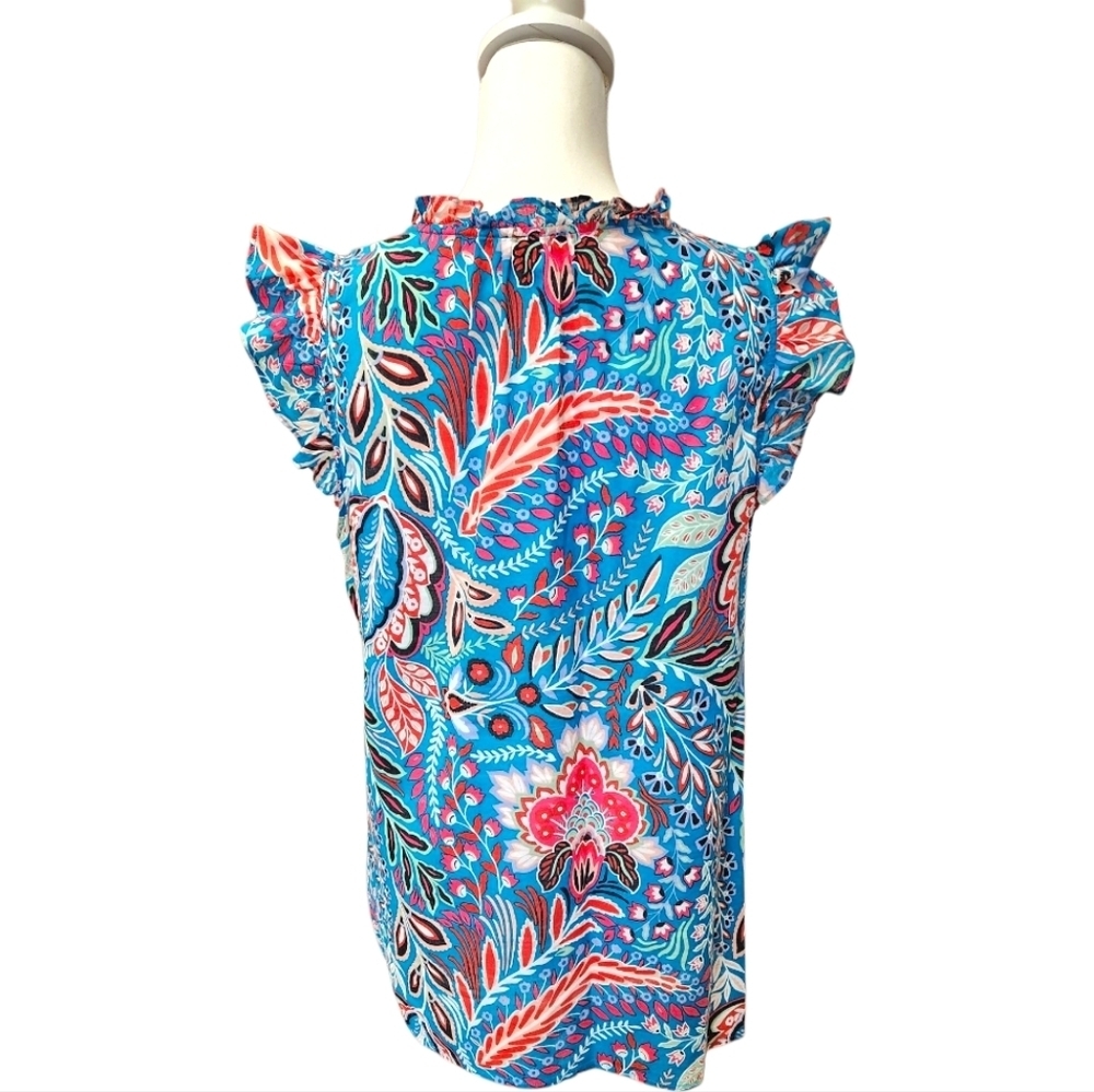 Talbots Botanical Paisley Ruffle Trim Shell Teal Turquoise Pink Floral, Medium - Picture 8 of 13